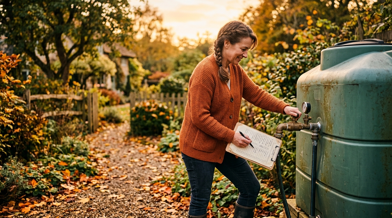 Propriétaire vérifiant sa cuve avant l'hiver dans le jardin