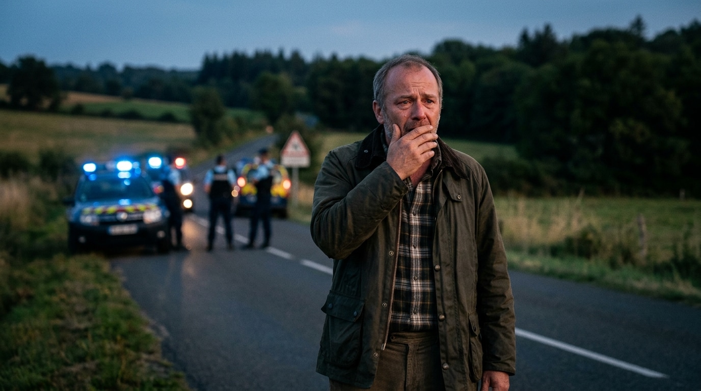 Vélo renversé sur une route de campagne au crépuscule