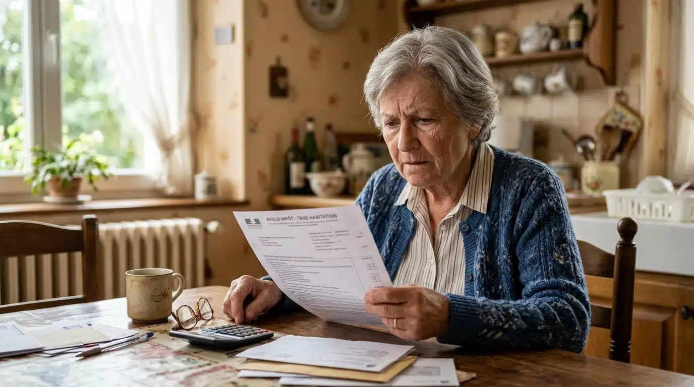 Femme âgée inquiète tenant un avis de taxe foncière