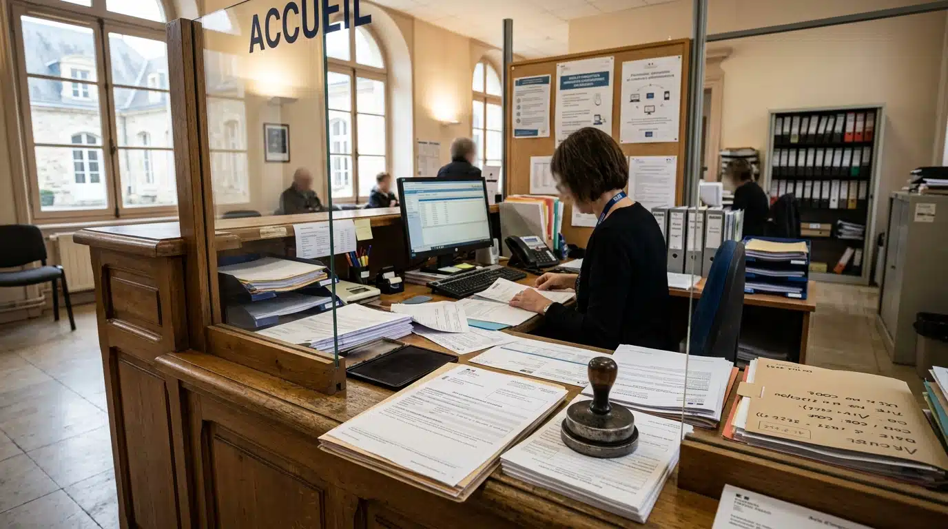 Guichet d'un centre des finances publiques avec documents fiscaux