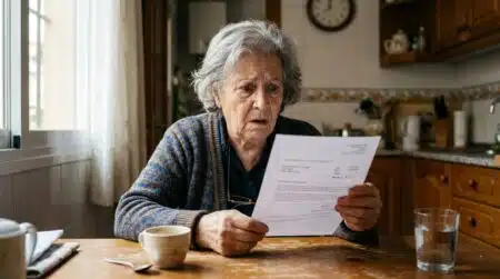 Retraitée âgée tenant une lettre administrative, air inquiet