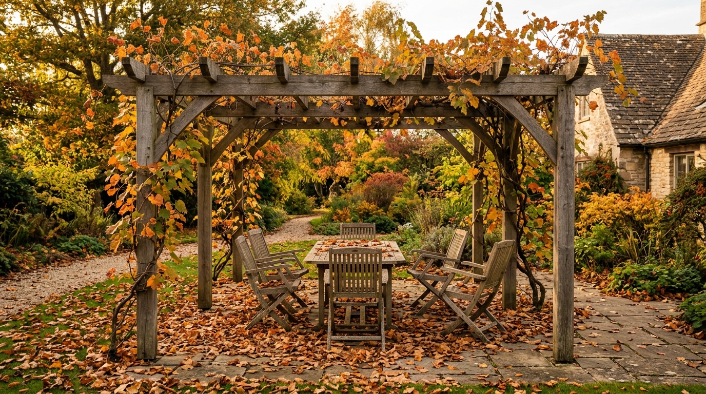 Pergola en bois oubliée sur une terrasse en automne