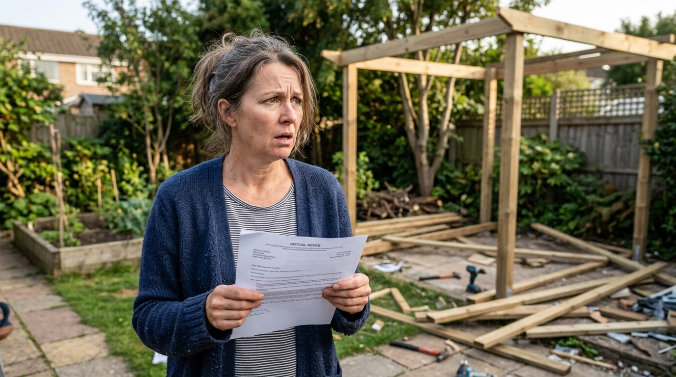 Propriétaire inquiet lisant un courrier près de sa pergola