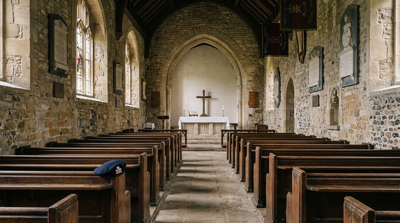 Chapelle militaire vide avec béret sur un banc