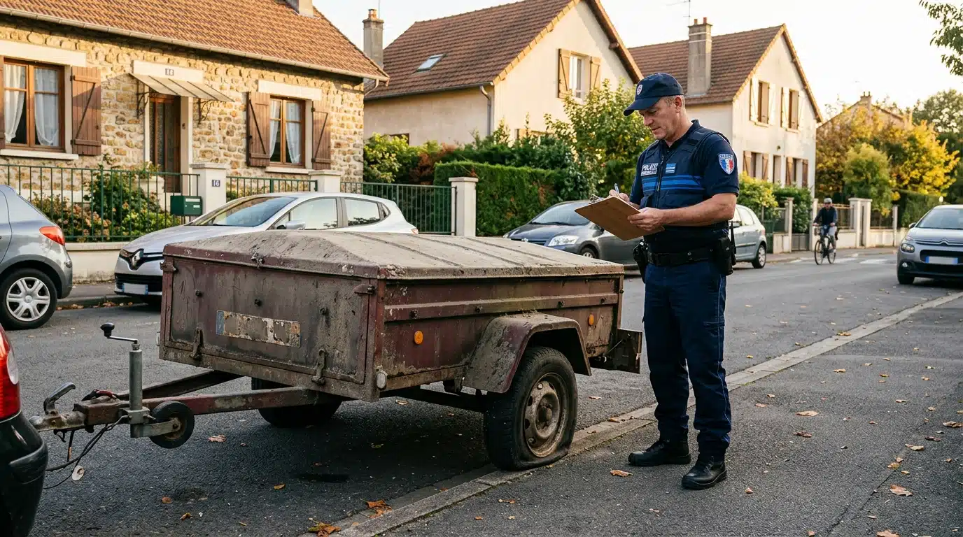 Policier municipal contrôlant une remorque abandonnée