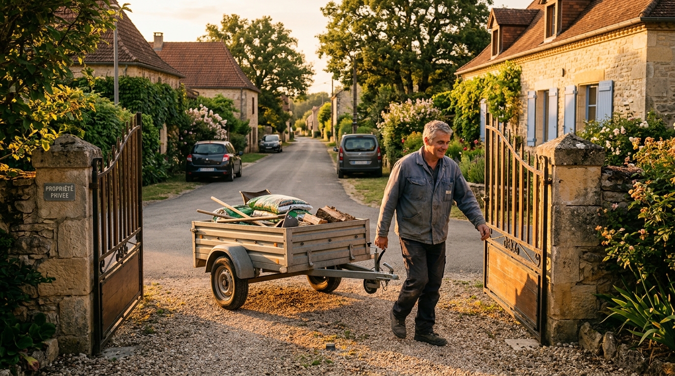 Propriétaire déplaçant sa remorque vers son jardin