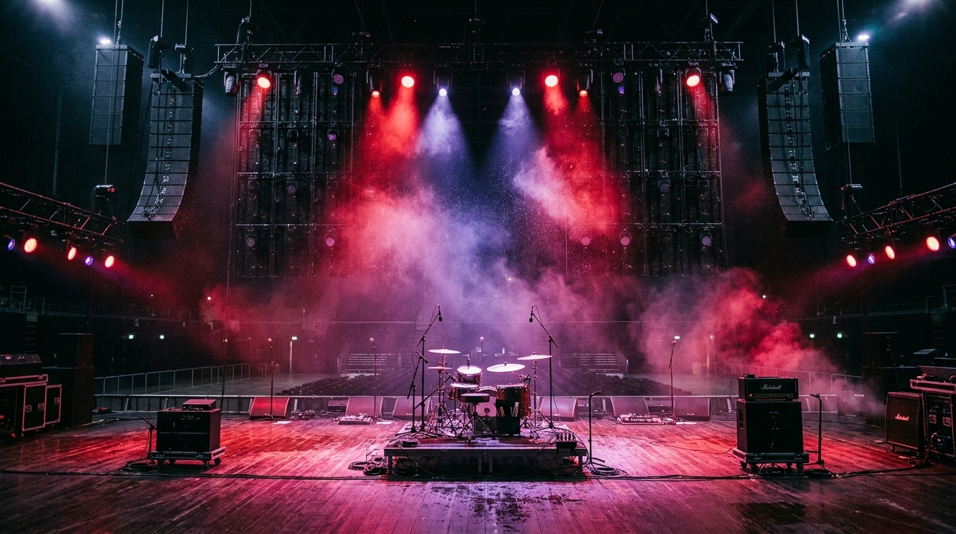 Scène de concert avec projections d'eau et effets de lumière rouge