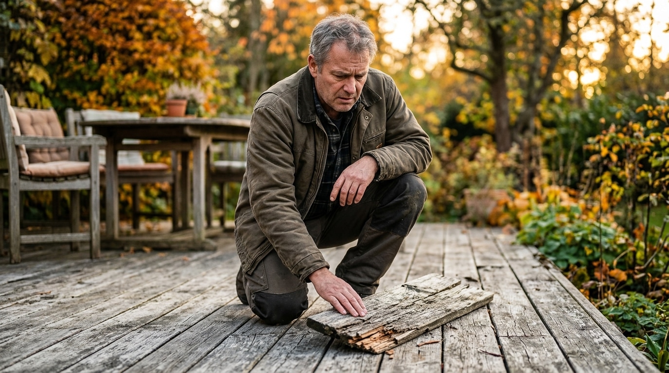 Homme examine une terrasse en bois grisée par l'été