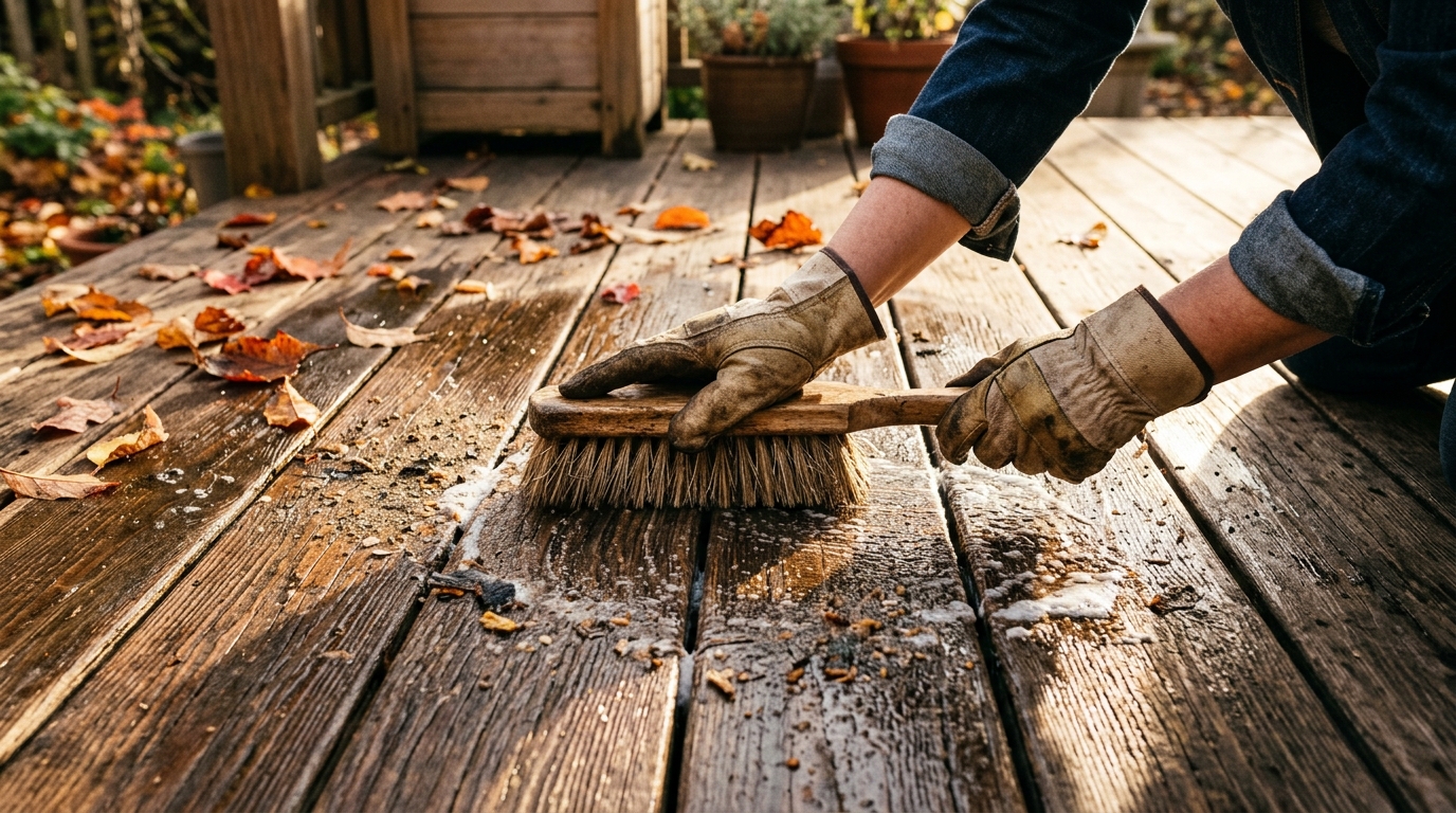Brossage d'une terrasse en bois avant traitement