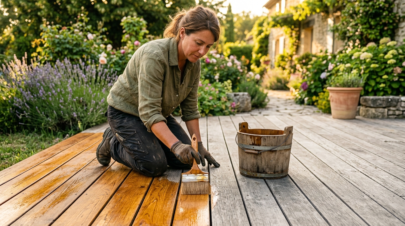 Application d'un saturateur sur planches de terrasse
