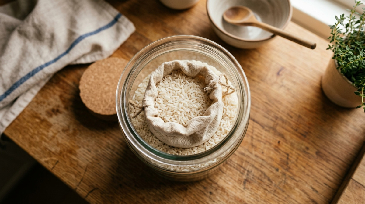 Sachet de riz cru posé dans un pot de sucre en poudre