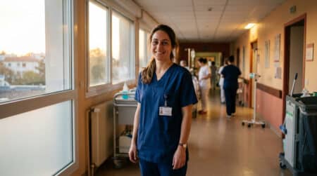 Sage-femme en tenue médicale dans un couloir d'hôpital
