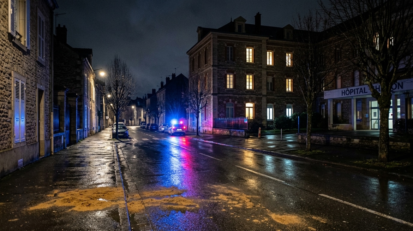 Rue nocturne éclairée par des gyrophares près d'une maternité