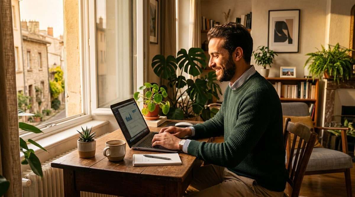 Salarié en télétravail souriant dans son salon