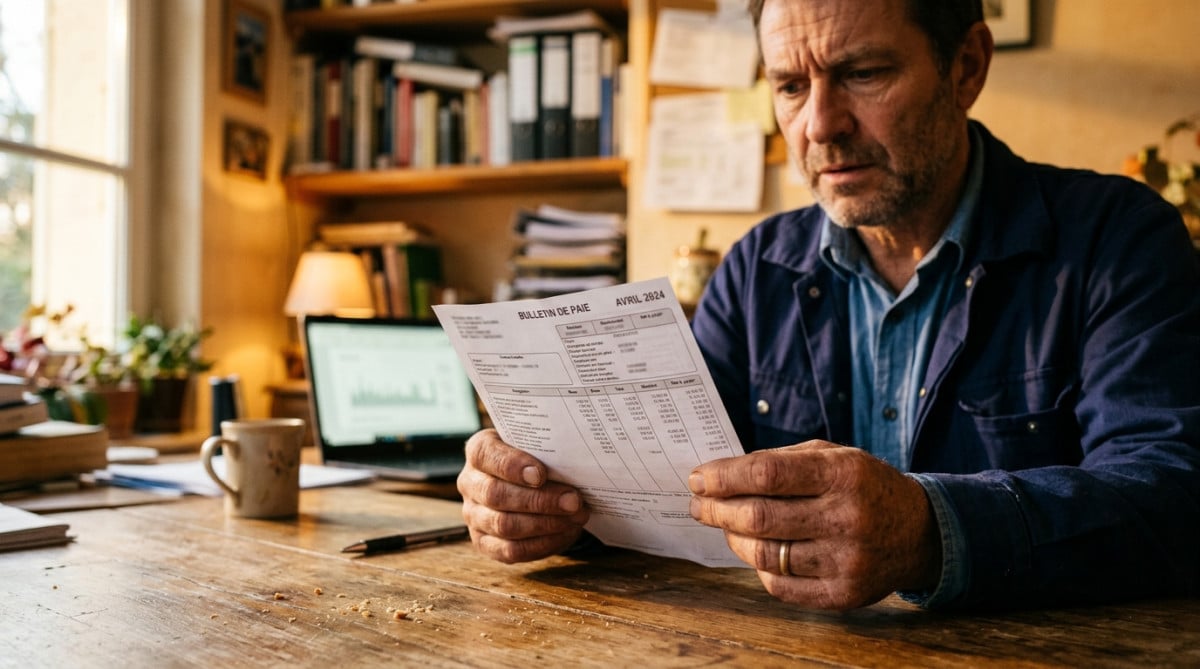 Salarié français examine sa fiche de paie