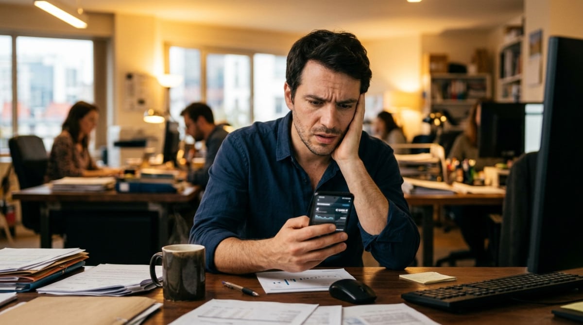 Salarié inquiet consultant son relevé bancaire professionnel