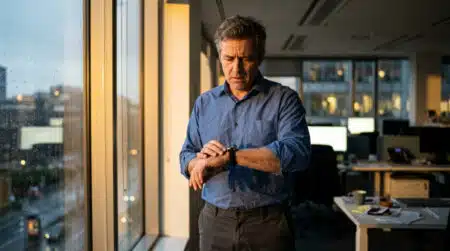Salarié inquiet regardant sa montre au bureau le soir