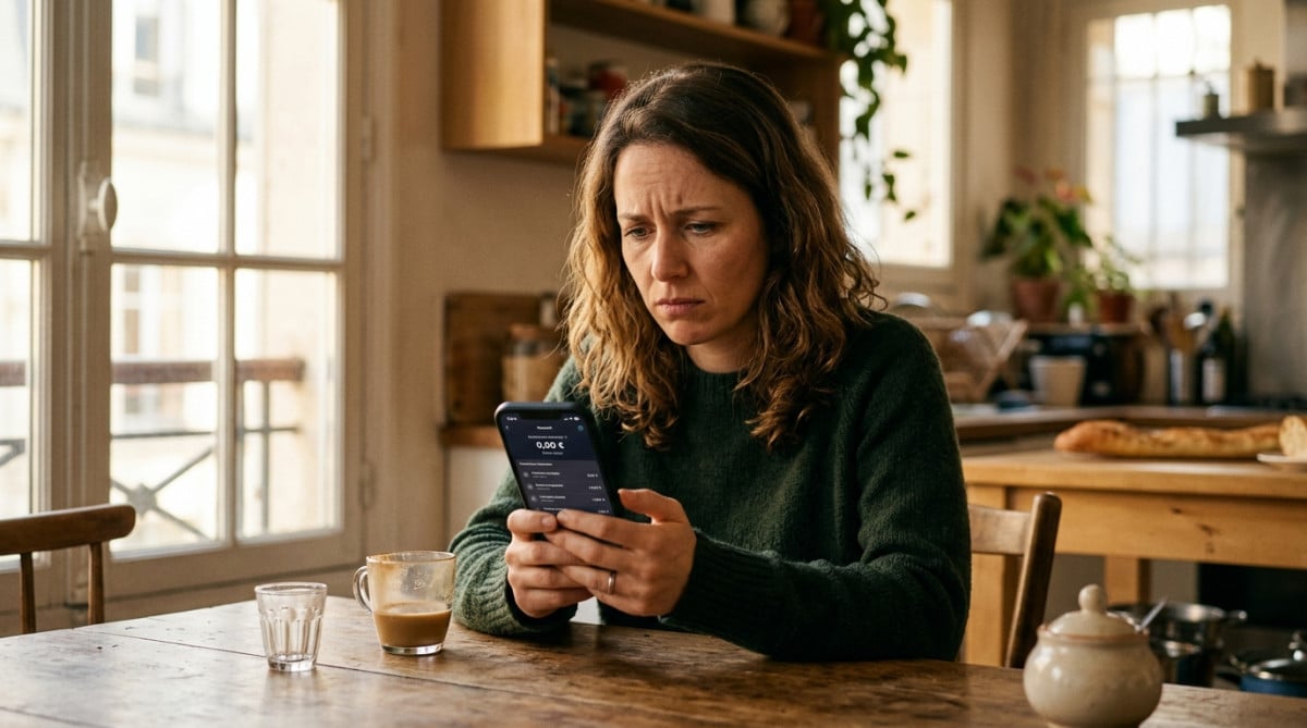 Salarié inquiet vérifie son solde bancaire vide