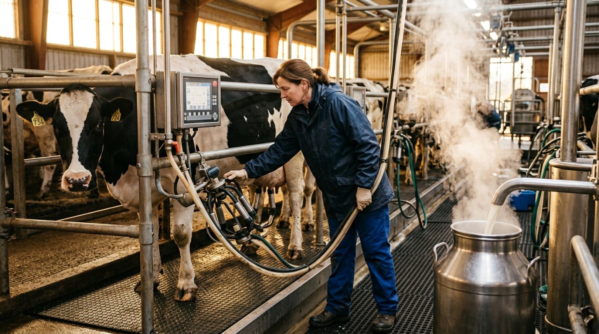 Salle de traite moderne avec vache laitière et équipement