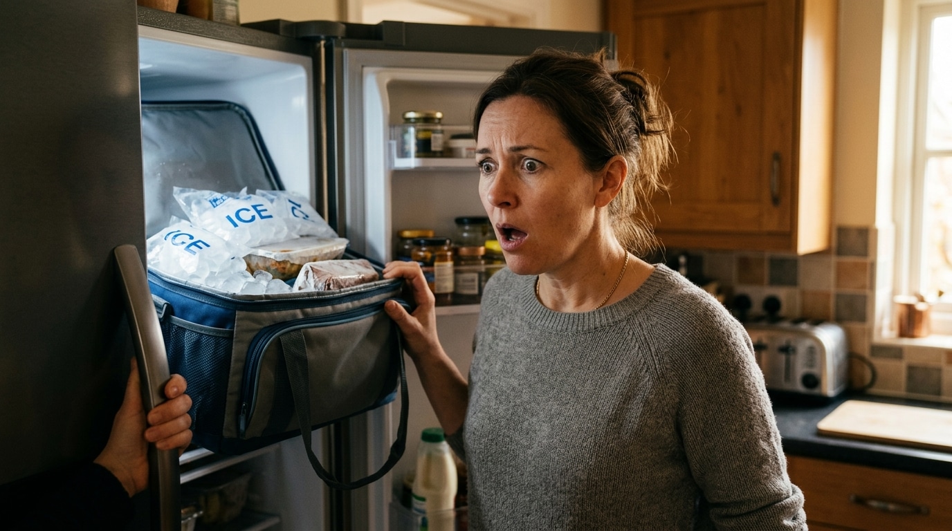 Personne surprise devant frigo vidé rempli de glace