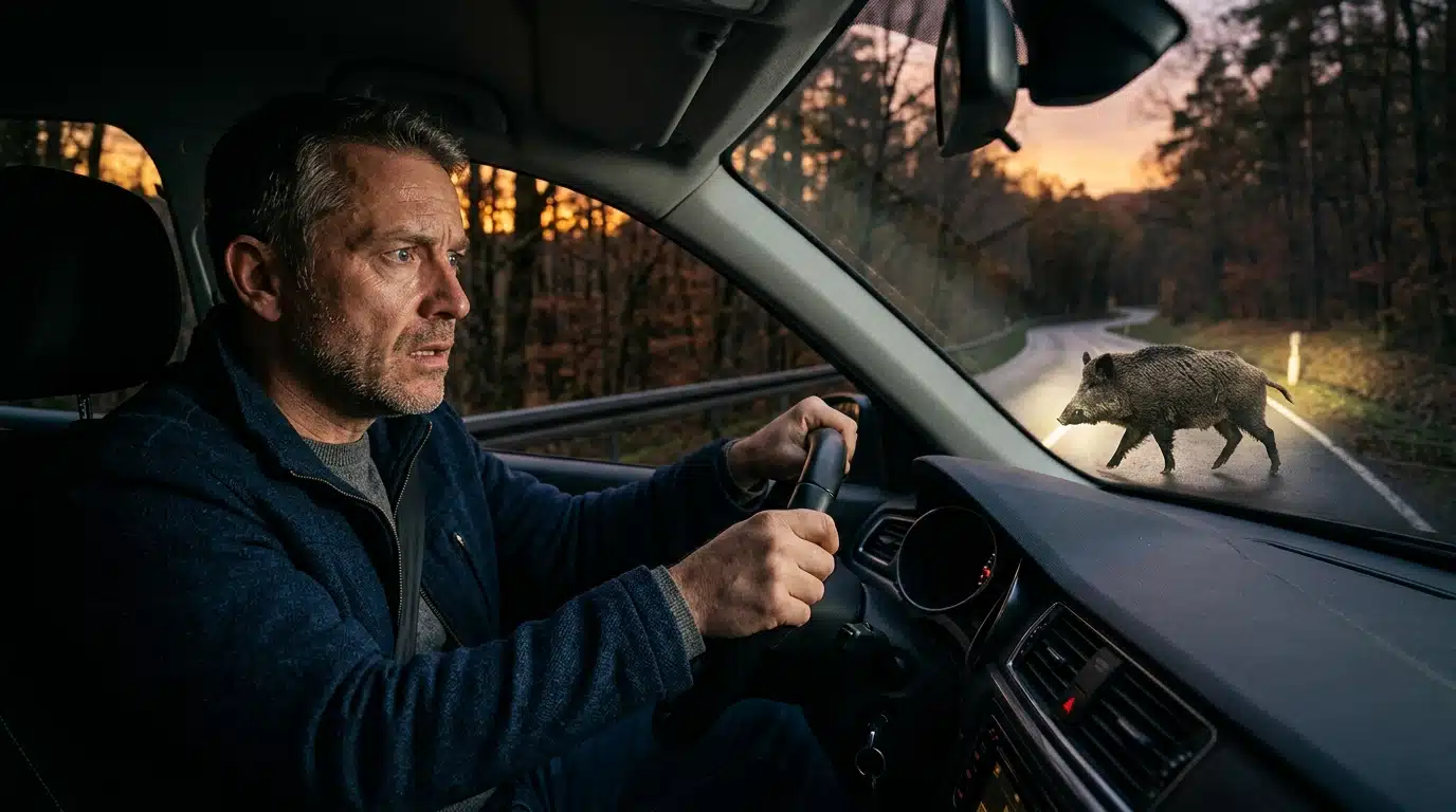 Conducteur freinant face à un sanglier sur la route au crépuscule