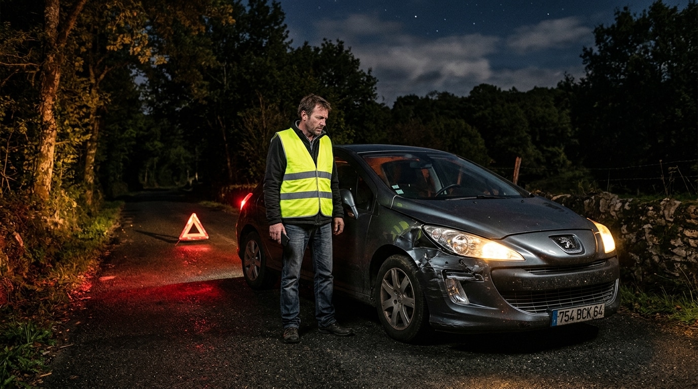 Automobiliste sécurisant sa voiture accidentée avec triangle de signalisation