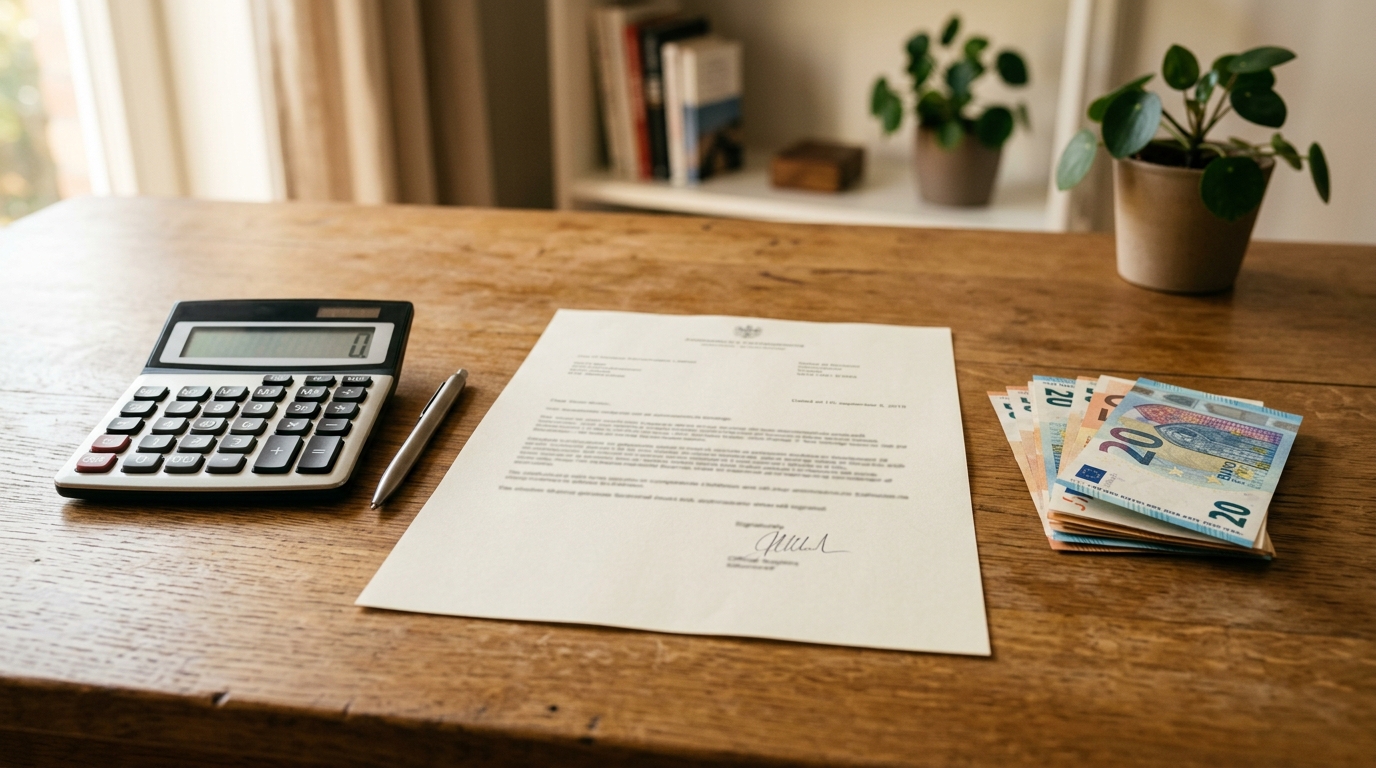 Calculatrice et billets d'euros sur un bureau