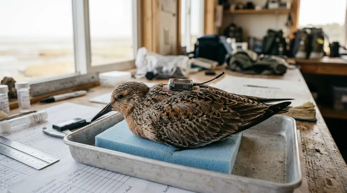 Oiseau équipé d'un émetteur satellite sur le dos