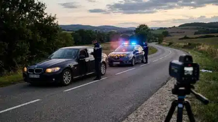 BMW noire contrôlée par la gendarmerie sur route de campagne