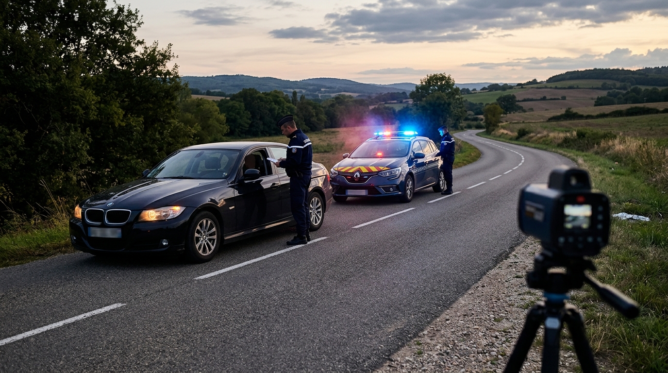 BMW noire contrôlée par la gendarmerie sur route de campagne