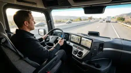 Écrans centraux et caméras dans la cabine d'un camion électrique