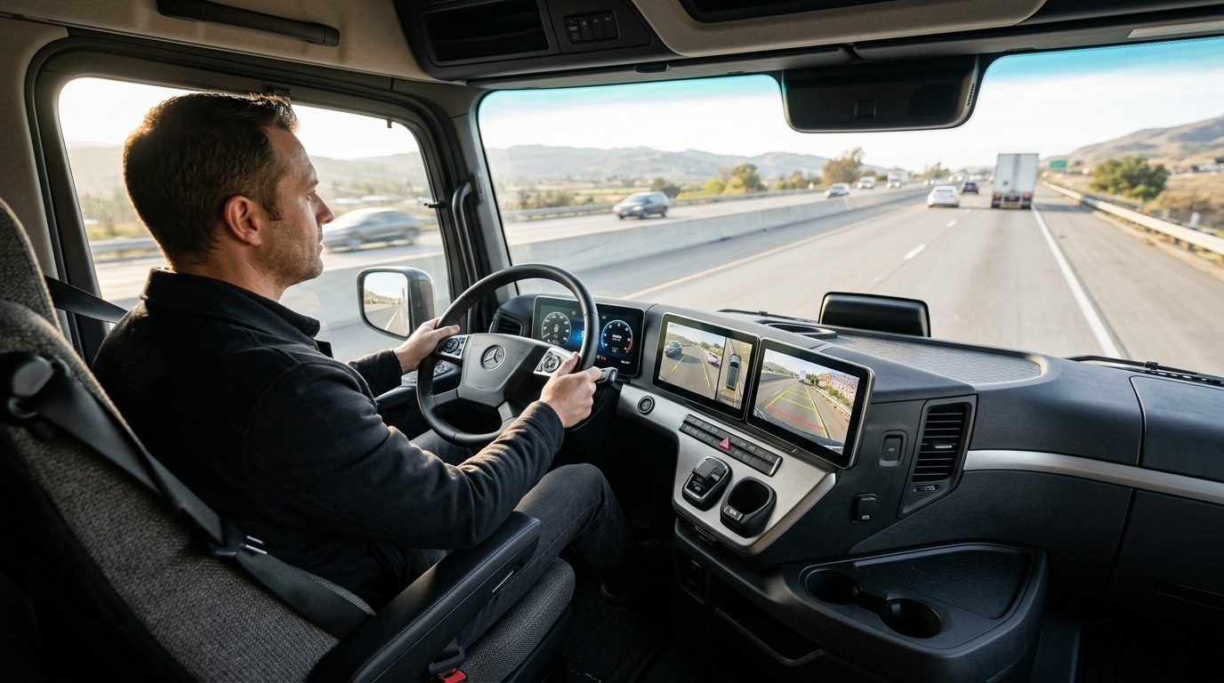 Écrans centraux et caméras dans la cabine d'un camion électrique