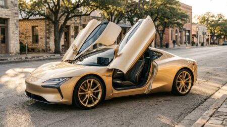 Coupé doré futuriste aux portes papillon ouvertes