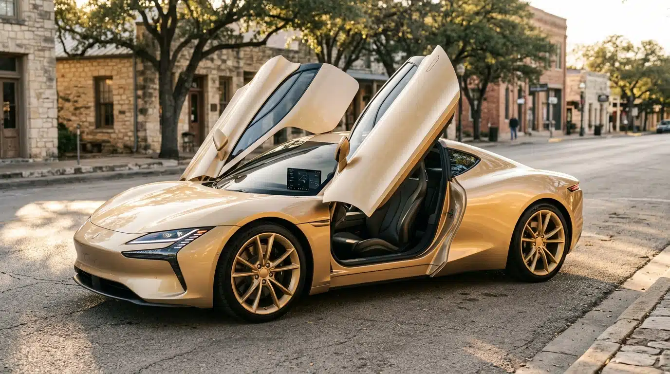 Coupé doré futuriste aux portes papillon ouvertes