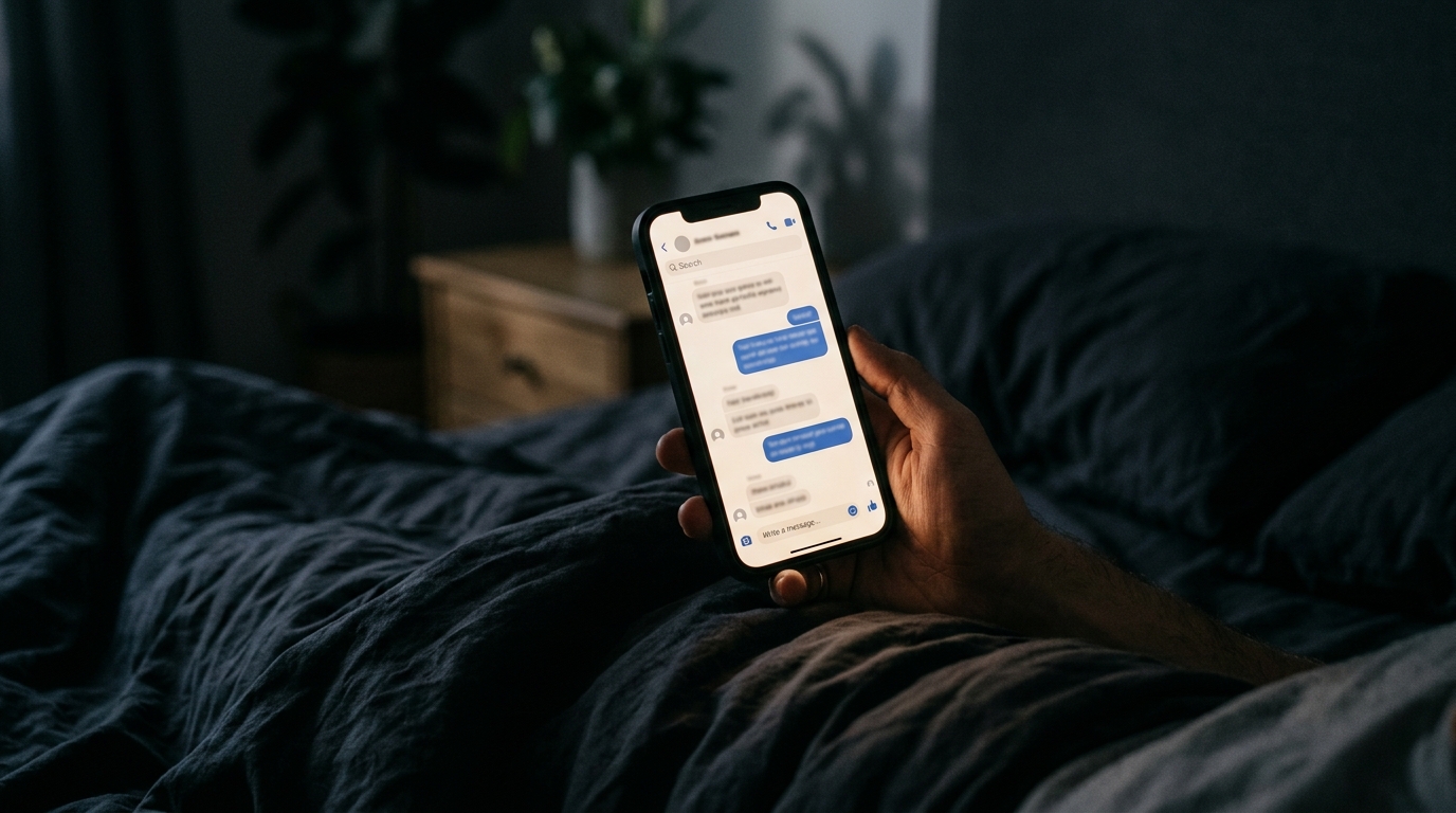 Smartphone allumé dans une chambre sombre, messagerie floue