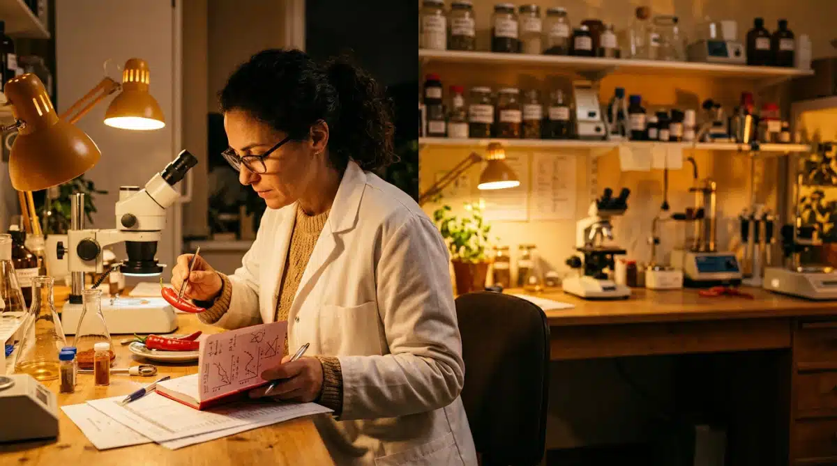 Scientifique analysant un piment rouge en laboratoire