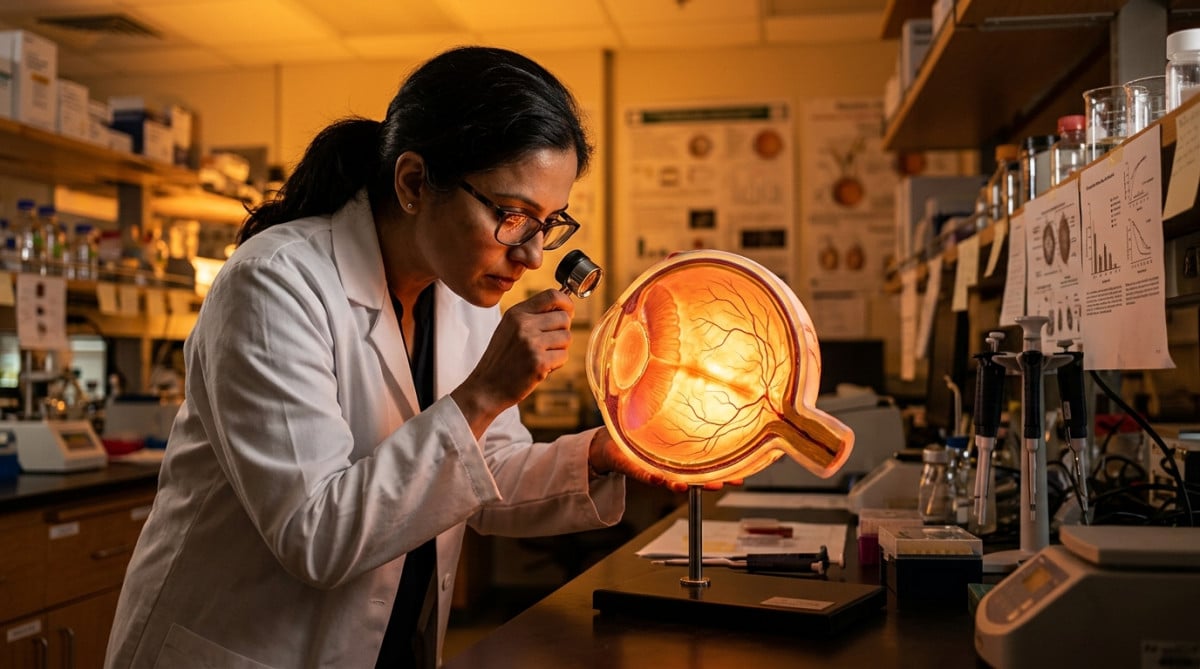 Scientifique examinant un modèle de rétine humaine