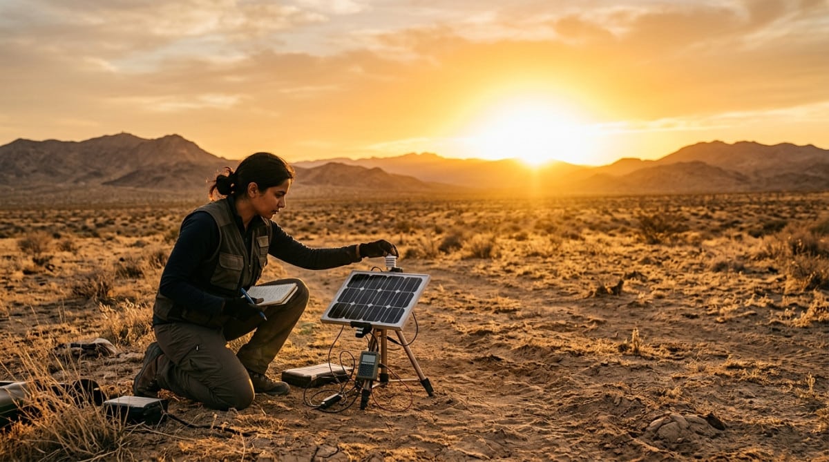 Scientifique examinant un panneau solaire dans le désert au coucher du soleil