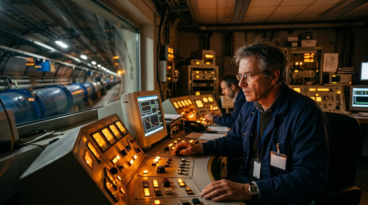 Scientifique observant le lancement du grand collisionneur de hadrons