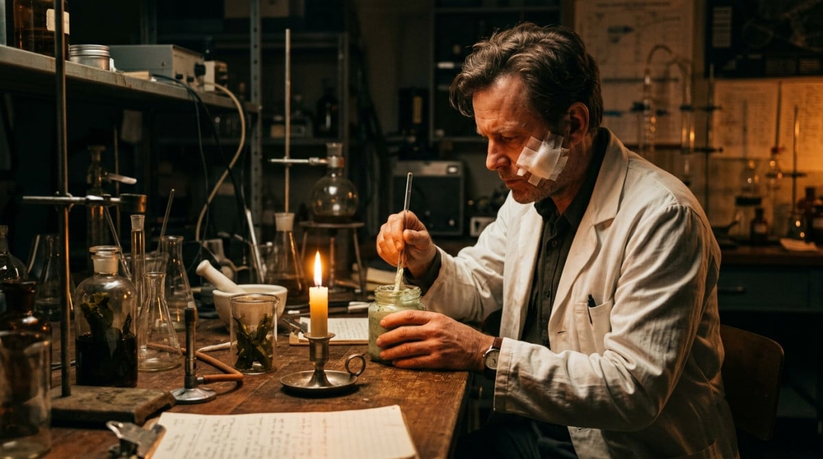 Scientifique préparant une crème réparatrice dans un laboratoire vintage