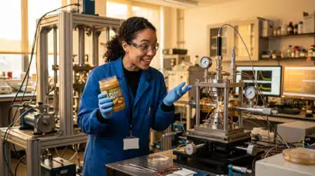 Scientifique tenant un pot de beurre de cacahuète en laboratoire