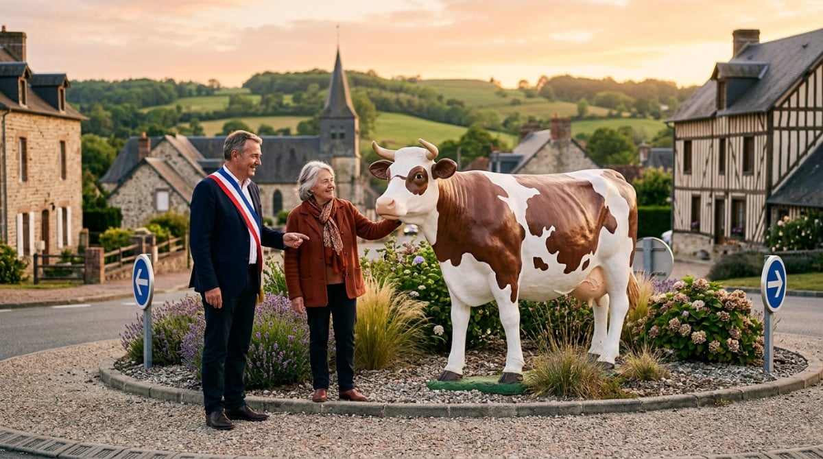 Sculpture de vache sur un rond-point normand