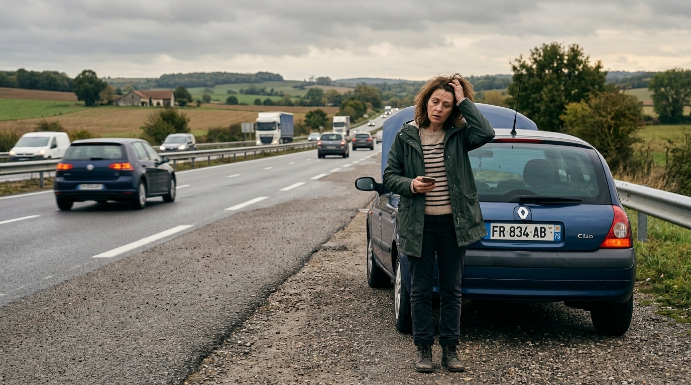 Femme désemparée près de sa voiture en panne sur autoroute