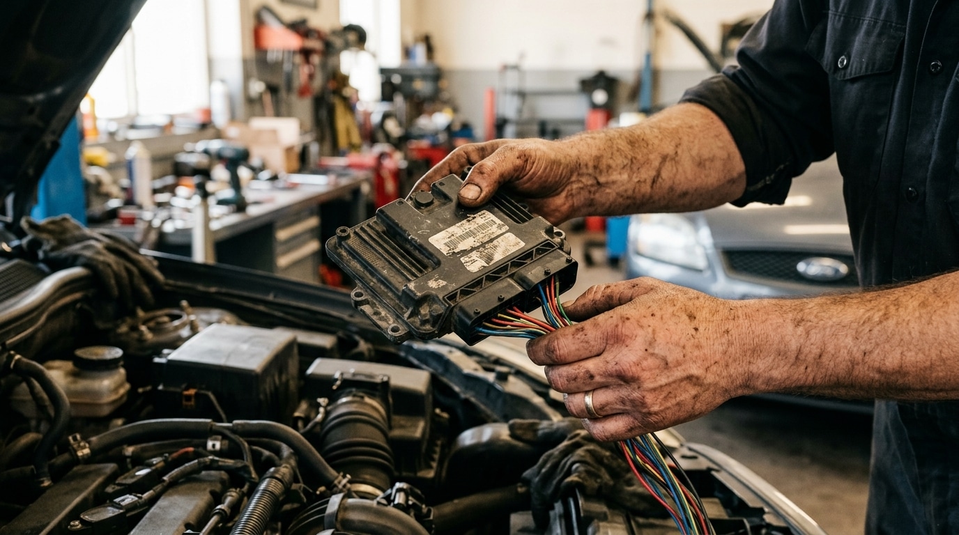 Calculateur moteur électronique tenu par un mécanicien