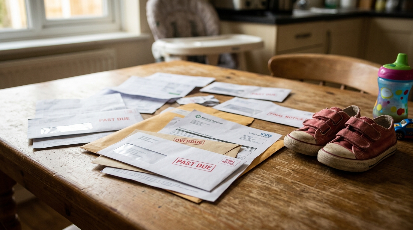 Documents et factures impayées près de chaussures d'enfant