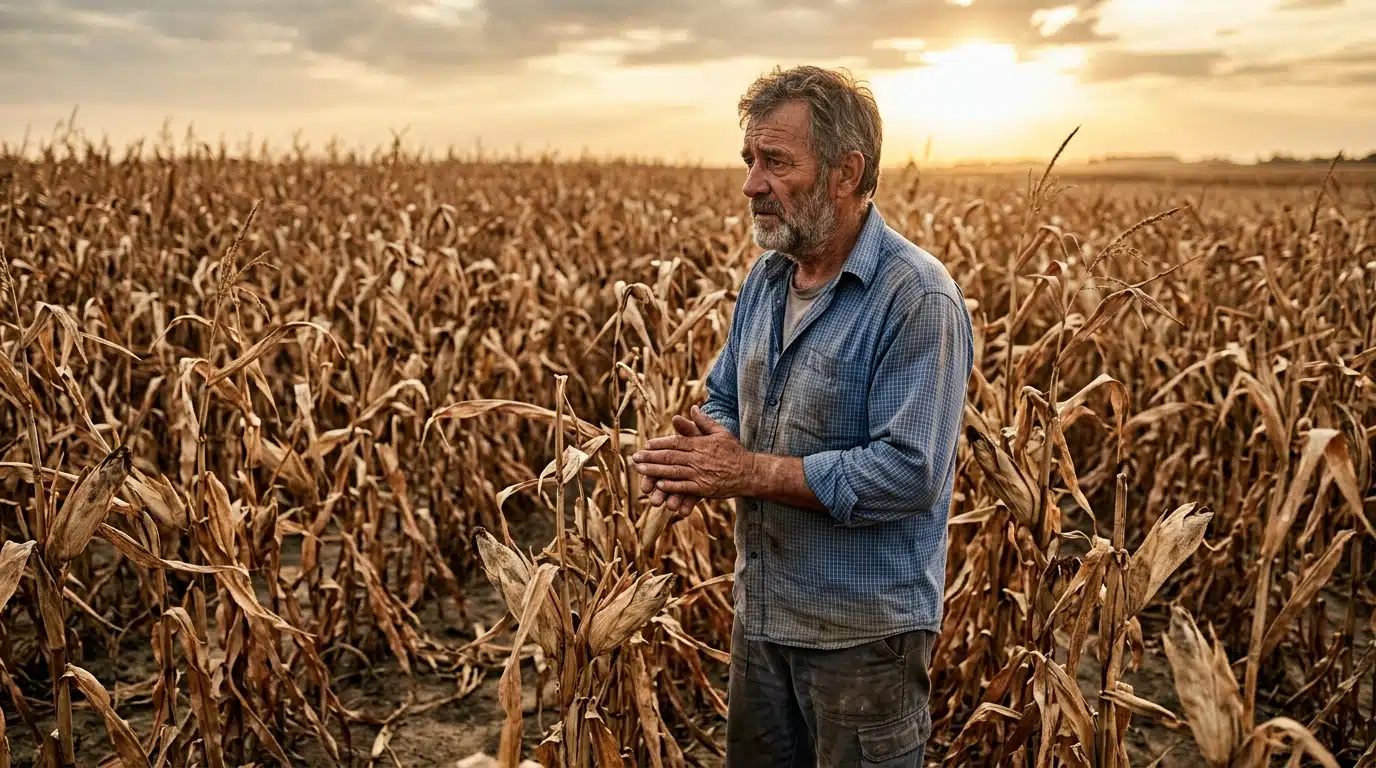 Agriculteur inquiet dans un champ de maïs desséché par la sécheresse