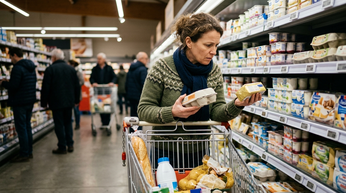 Femme faisant ses courses au rayon frais d'un supermarché français