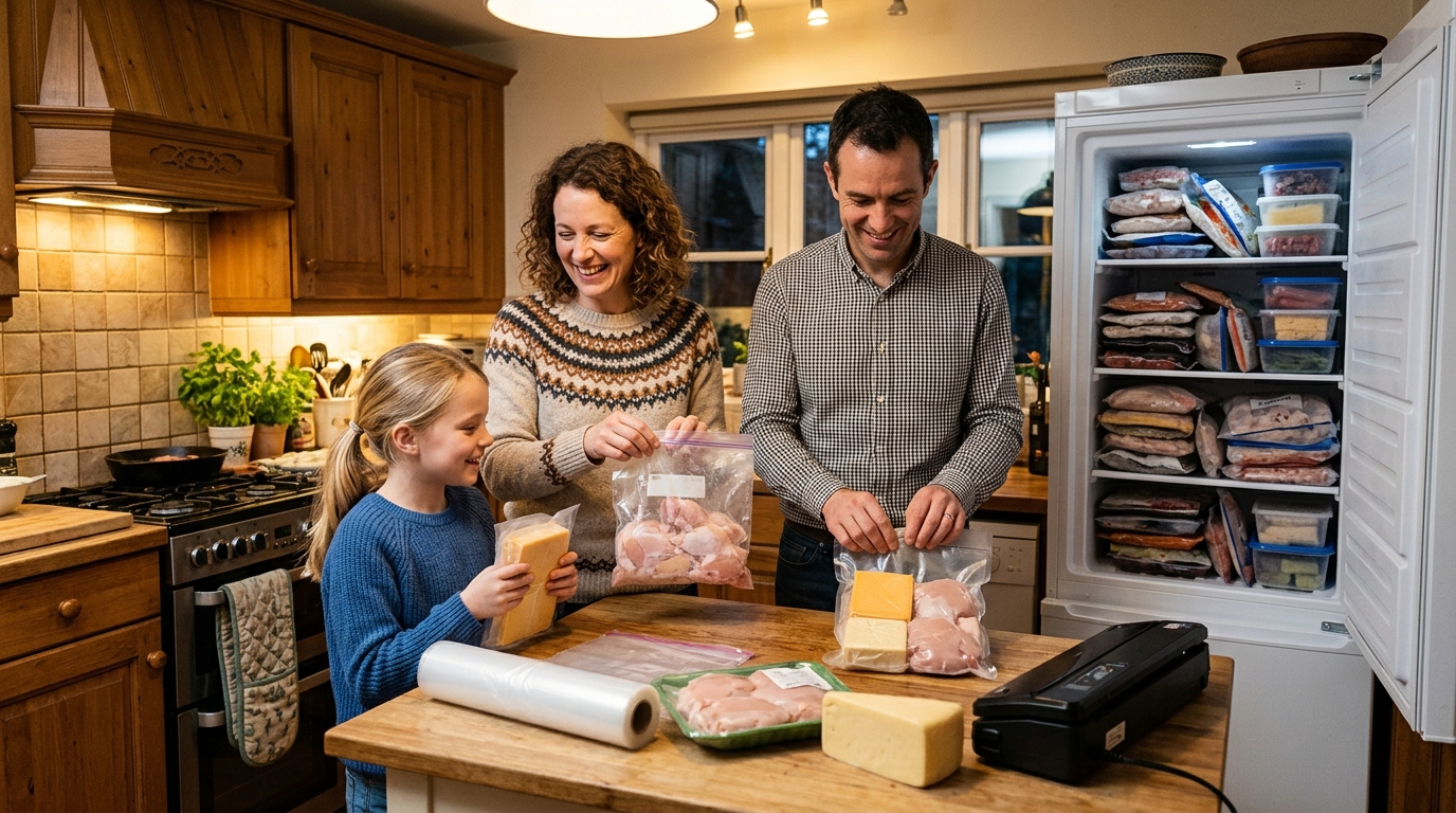 Famille rangeant viande et fromage au congélateur pour anticiper la hausse