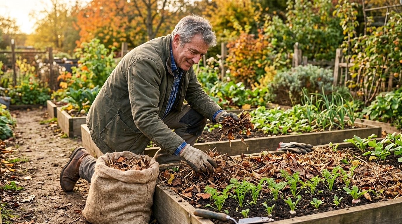 Homme étalant du paillage organique sur un potager d'automne