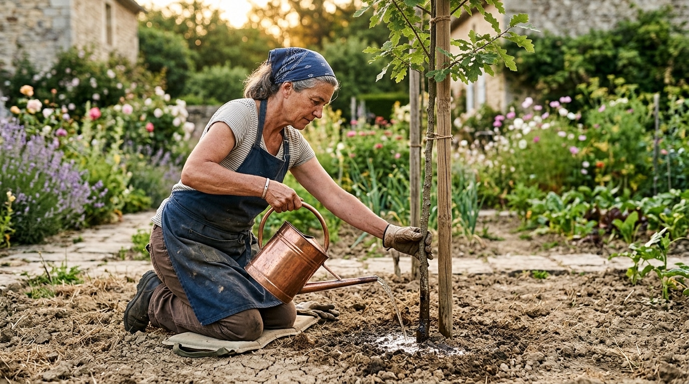 Jardinier arrosant profondément le pied d'un jeune arbre